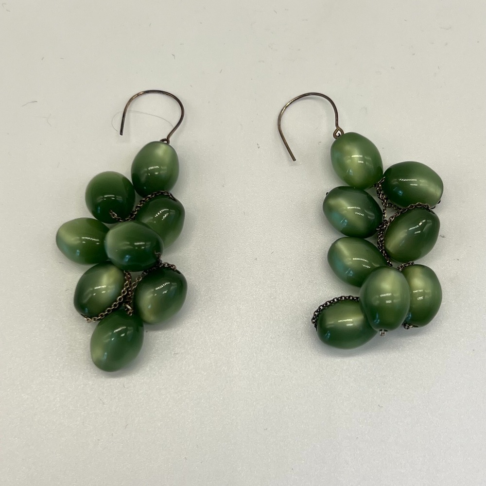 Vintage Green Glass Beaded  Dangle Earrings Grape Cluster